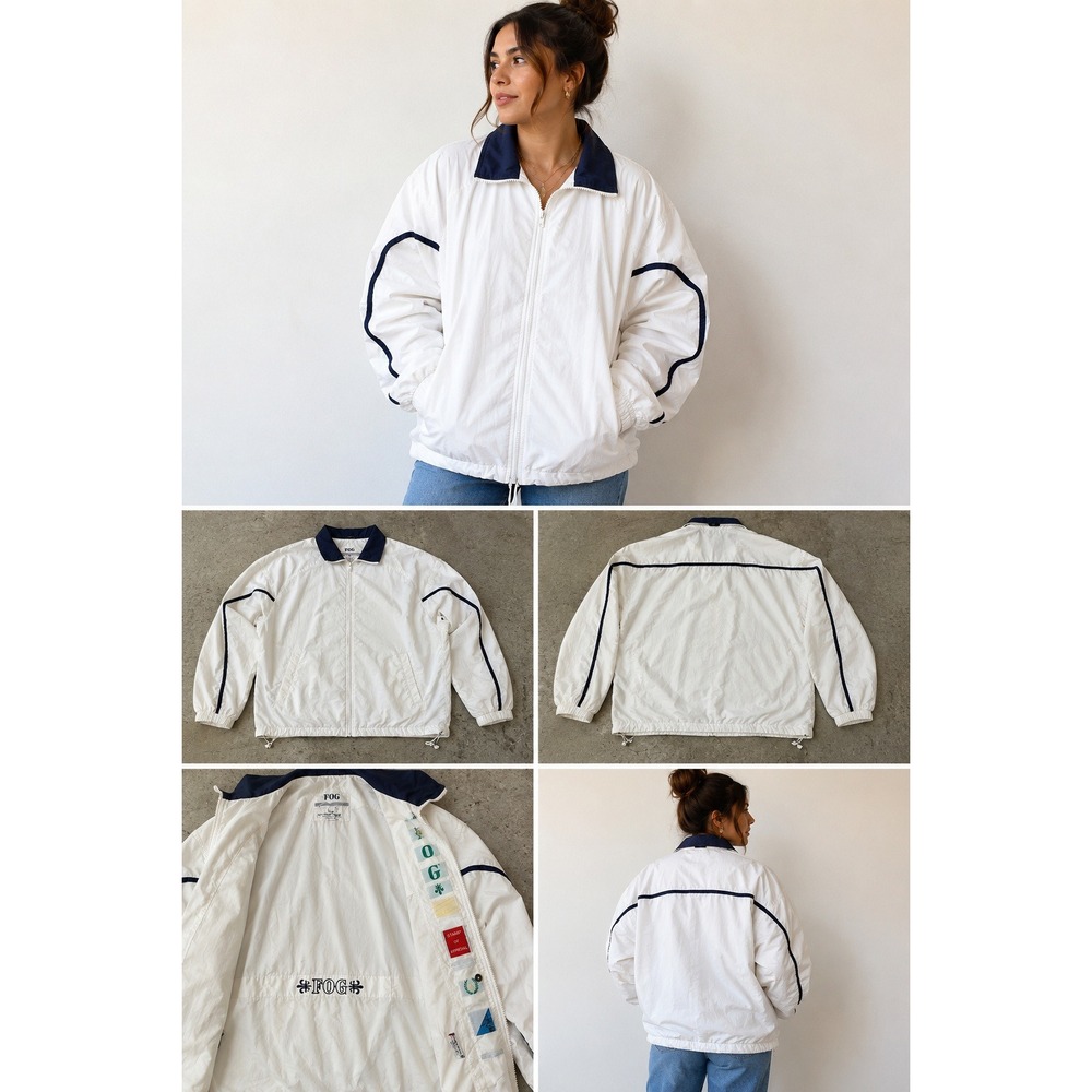 London Fog FOG White Windbreaker Jacket Navy Trim Medium Oversized Vintage Style